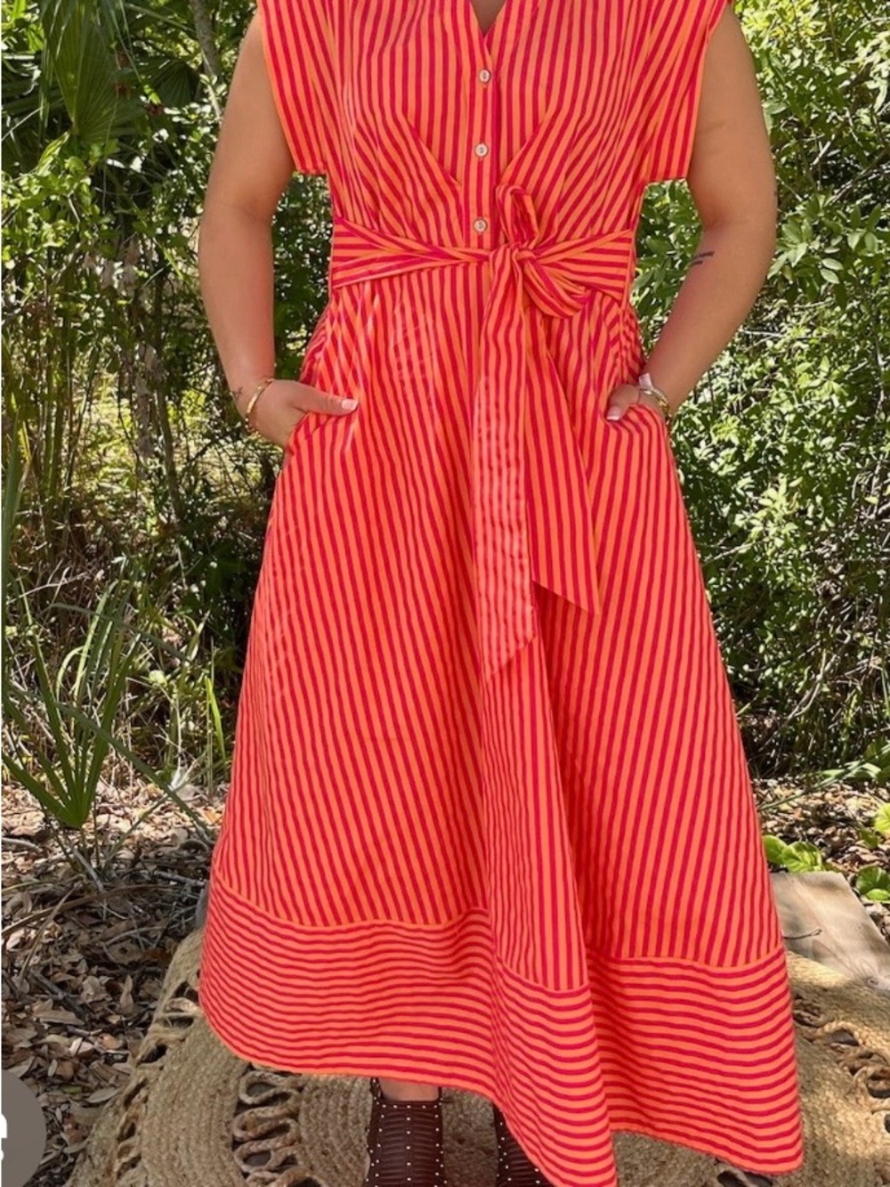 Hot Pink and Coral Striped Tie-Waist Midi Dress- Boutique Worn once.